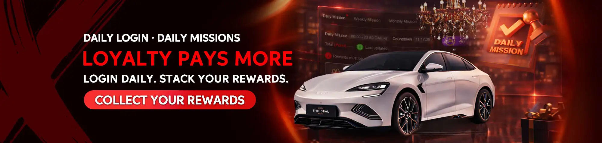 Promotional banner for maXwin's Daily Login and Daily Missions rewards program featuring a white electric sedan, mission dashboard, chandelier rewards, and daily bonus icons.