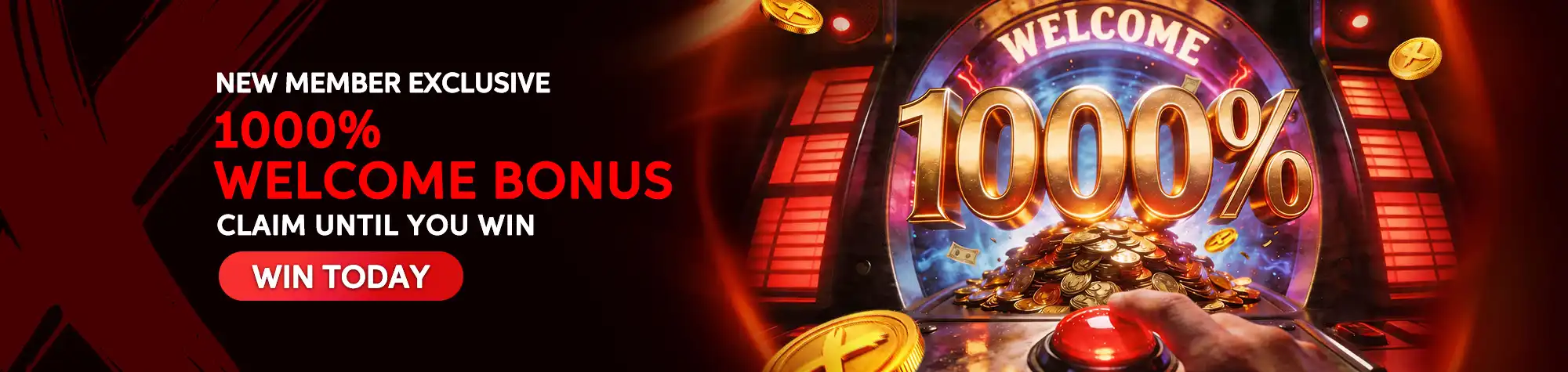Promotional banner for maXwin's new member welcome offer featuring a 1000% welcome bonus, arcade-style jackpot machine, gold coins, and a large bonus display.
