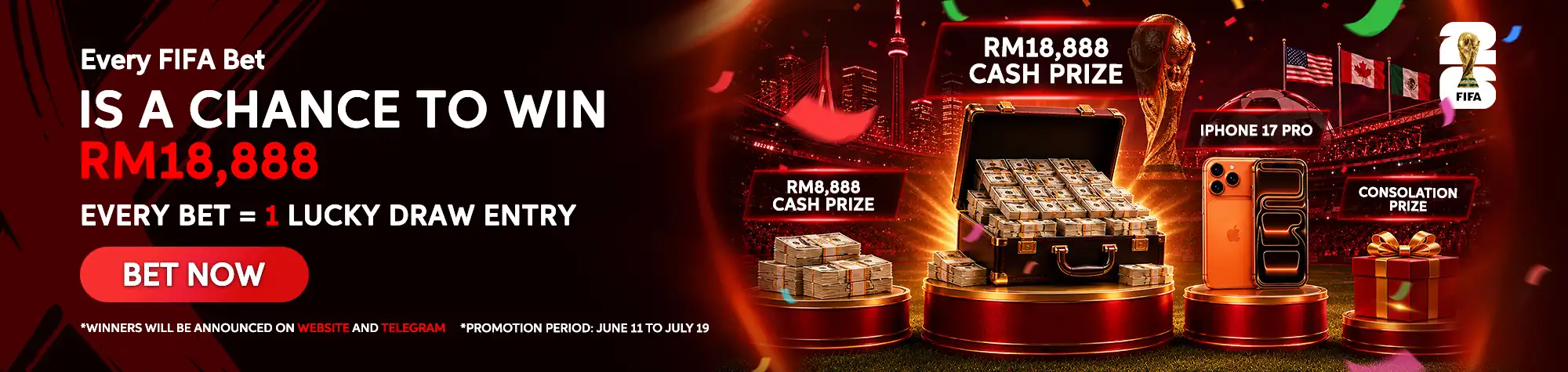 Promotional banner for maXwin's FIFA lucky draw campaign featuring RM18,888 cash prizes, an iPhone 17 Pro, the FIFA World Cup Trophy, and consolation gifts for eligible participants.
