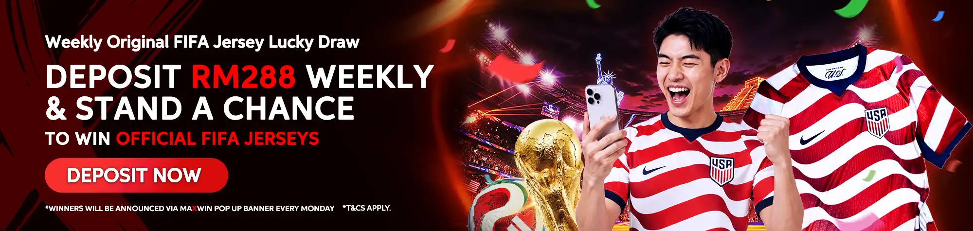 Promotional banner for maXwin's weekly FIFA jersey lucky draw, featuring an official USA national team jersey, FIFA World Cup Trophy, football stadium backdrop, and a participant celebrating with a smartphone.