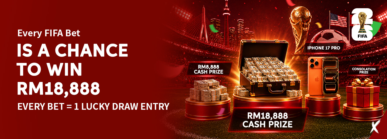 Promotional banner for maXwin's FIFA Lucky Draw campaign featuring an RM18,888 cash prize, iPhone 17 Pro, FIFA-themed prizes, and a stadium backdrop. Every FIFA bet earns one lucky draw entry.