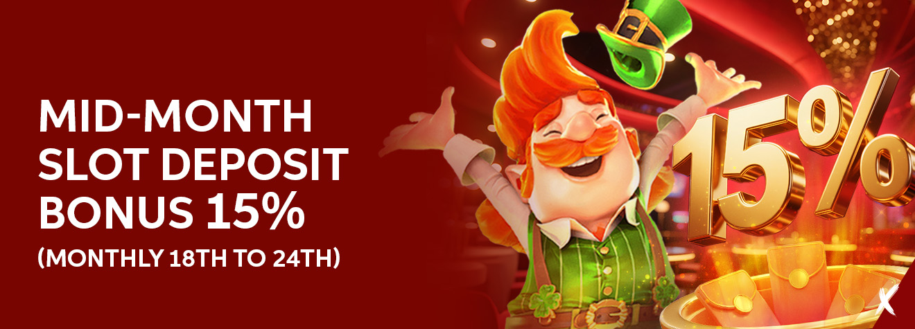 Promotional banner for maXwin's Mid-Month Slot Deposit Bonus featuring a cheerful leprechaun mascot celebrating beside a large 15% bonus graphic, highlighting a monthly slot promotion available from the 18th to the 24th.
