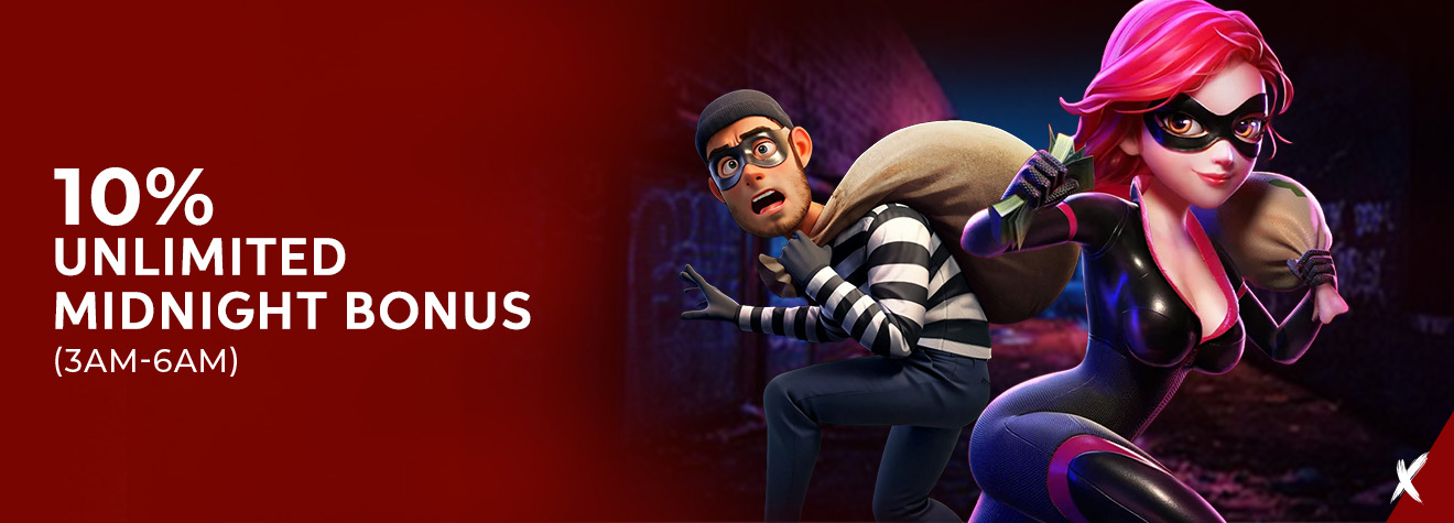 Promotional banner for maXwin's 10% Unlimited Midnight Bonus featuring animated masked characters carrying money bags, promoting a late-night bonus available from 3:00 AM to 6:00 AM.