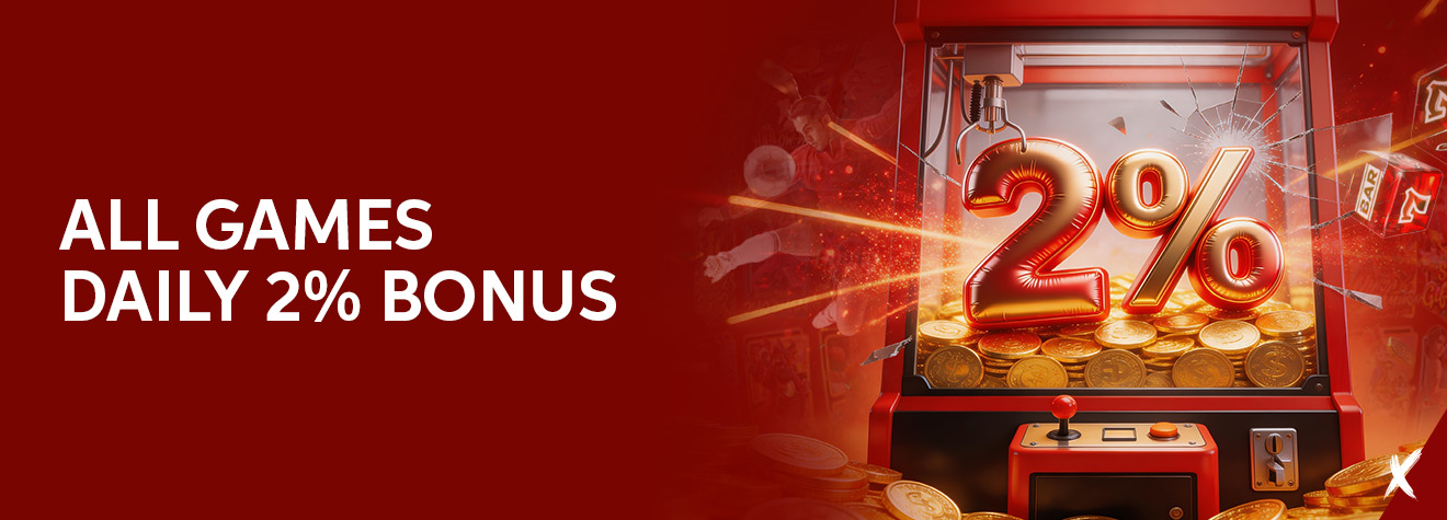 Promotional banner for maXwin's All Games Daily 2% Bonus featuring a claw machine filled with gold coins and a glowing 2% bonus, representing daily rewards across all gaming categories.