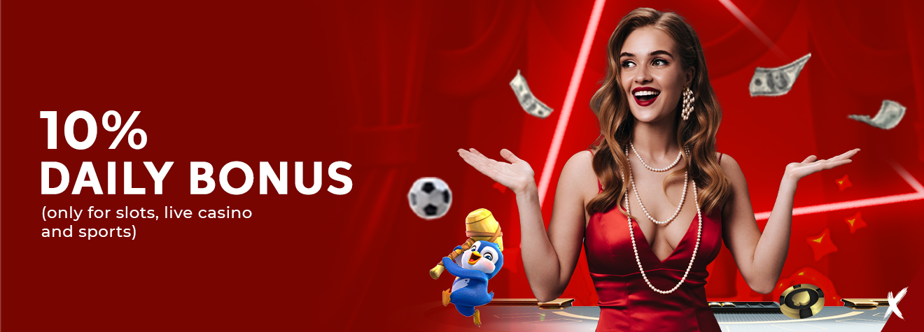 Promotional banner for maXwin's 10% Daily Bonus featuring an elegant casino hostess, a football, casino chips, floating cash, and a cheerful mascot, promoting daily rewards for slots, live casino, and sports.