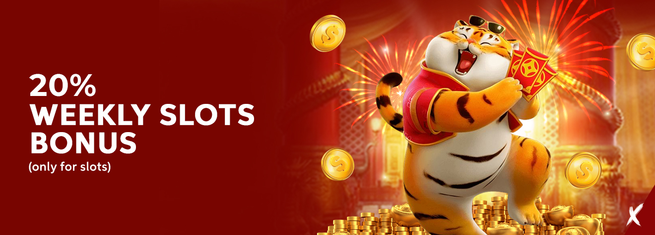 Promotional banner for maXwin's 20% Weekly Slots Bonus featuring a cheerful tiger mascot, gold coins, fireworks, and a festive casino-themed background.