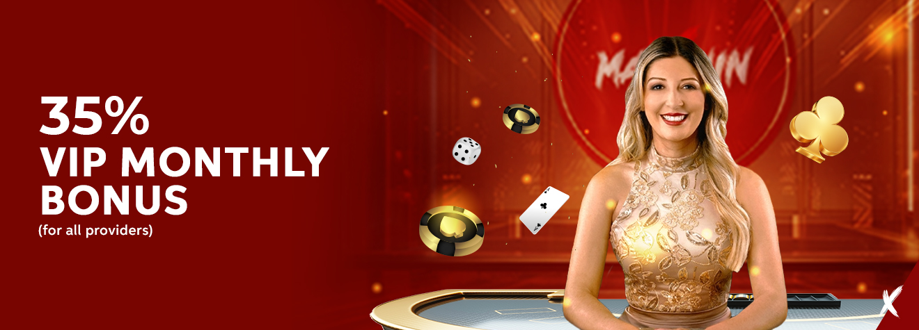 Promotional banner for maXwin's 35% VIP Monthly Bonus featuring a live casino dealer, casino chips, playing cards, dice, and a premium gaming table.