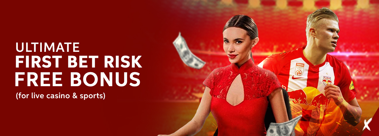 Promotional banner for maXwin's First Bet Risk-Free Bonus featuring a live casino dealer and football player, highlighting a risk-free first bet offer for live casino and sports.