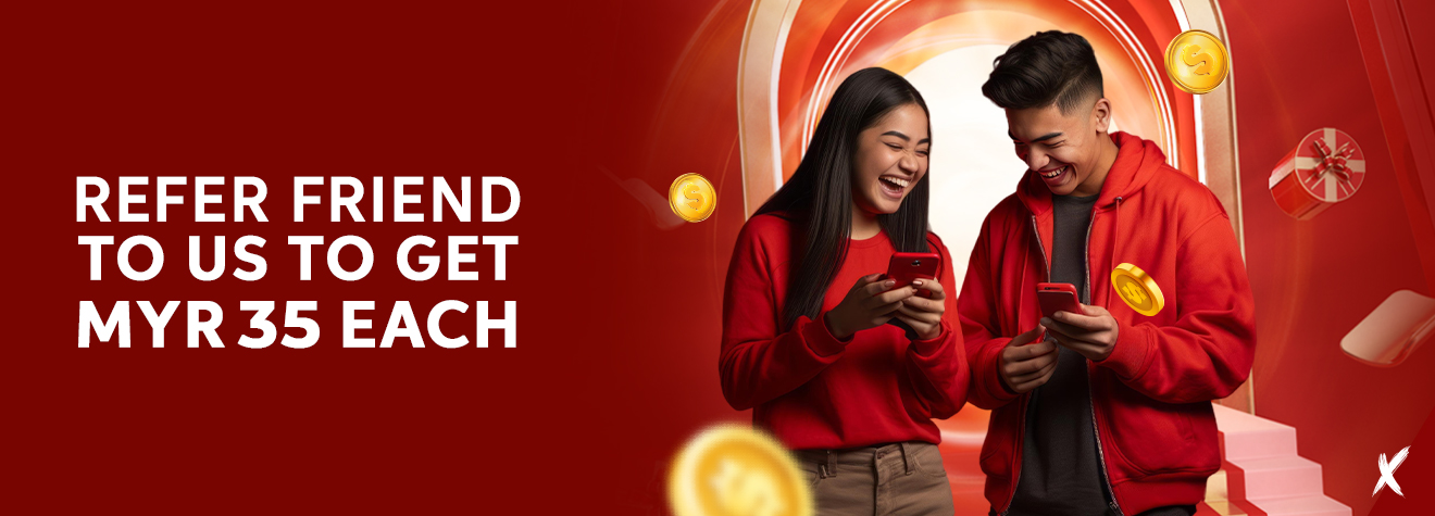 Promotional banner for maXwin's Refer-a-Friend program featuring two friends using smartphones, with floating coins and gifts, advertising a MYR35 reward for each successful referral.