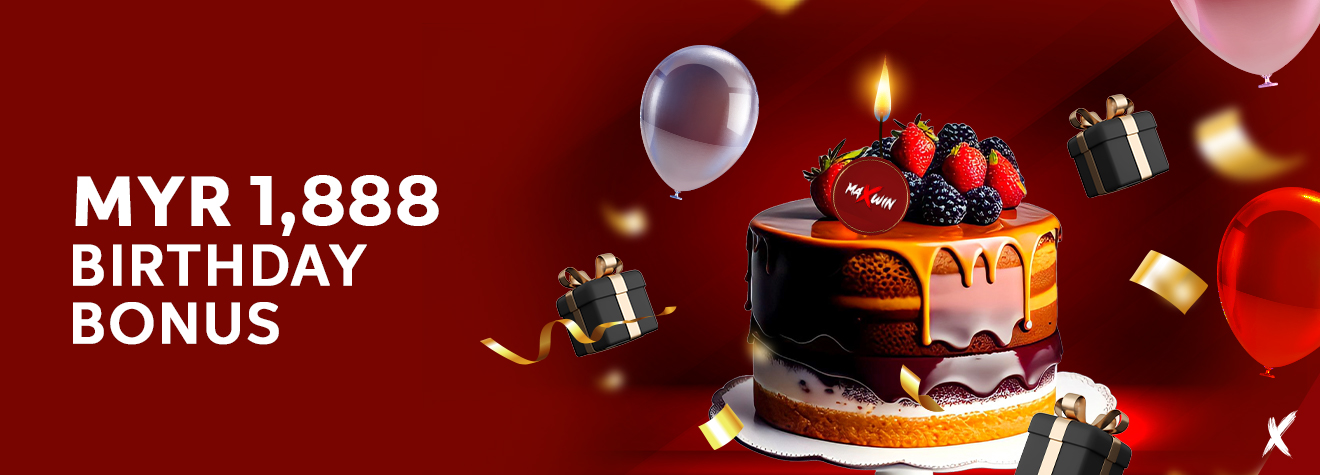 Promotional banner for maXwin's MYR1,888 Birthday Bonus featuring a decorated birthday cake, balloons, gift boxes, and festive celebration elements.