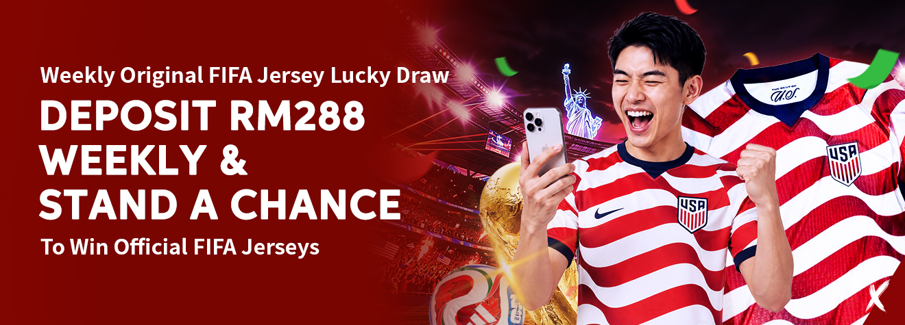 Promotional banner for maXwin's Weekly Original FIFA Jersey Lucky Draw featuring a happy football fan wearing a USA jersey, holding a smartphone beside an official FIFA jersey and trophy, promoting a weekly RM288 deposit campaign.