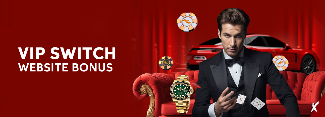 Promotional banner for maXwin's VIP Switch Website Bonus featuring a luxury-themed casino scene with a well-dressed gentleman, a sports car, luxury watch, poker cards, and VIP rewards.