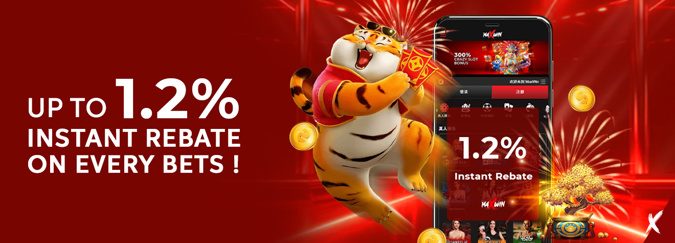 Promotional banner for maXwin featuring a lucky tiger mascot and mobile app, advertising up to 1.2% instant rebate on every eligible bet.
