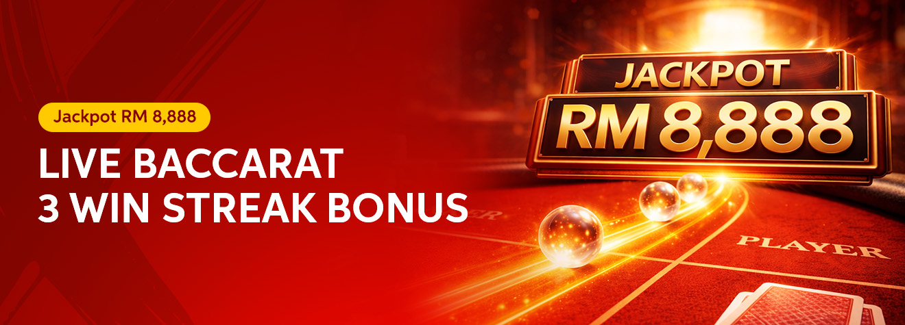 Promotional banner for maXwin's Live Baccarat 3 Win Streak Bonus featuring a glowing RM8,888 Jackpot sign above a live baccarat table, highlighting a jackpot reward for consecutive winning streaks.