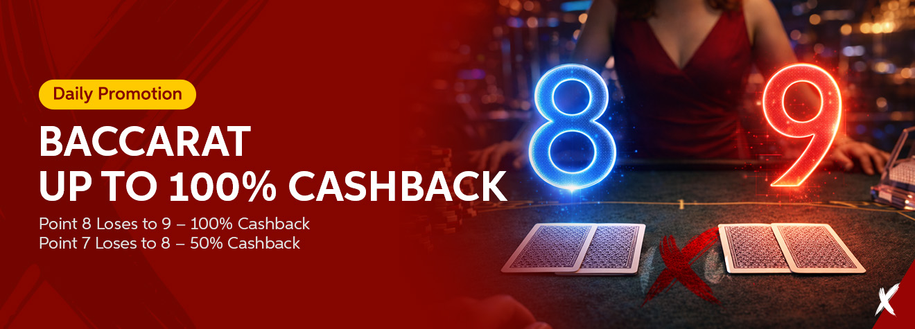 Promotional banner for maXwin's Daily Baccarat Cashback promotion featuring glowing number 8 and 9 graphics on a baccarat table, offering up to 100% cashback based on specific baccarat outcomes.