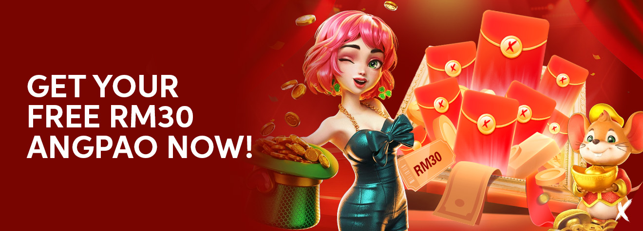 Promotional banner for maXwin offering a free RM30 Angpao, featuring a cheerful pink-haired mascot, multiple red envelopes, gold coins, and a lucky mouse character celebrating the reward.