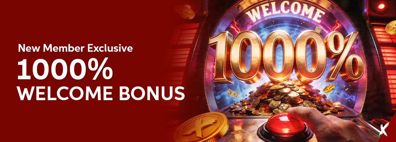 Promotional banner for maXwin's New Member Exclusive 1000% Welcome Bonus featuring a glowing casino-style machine displaying a giant "1000%" sign above a pile of gold coins and a red activation button.