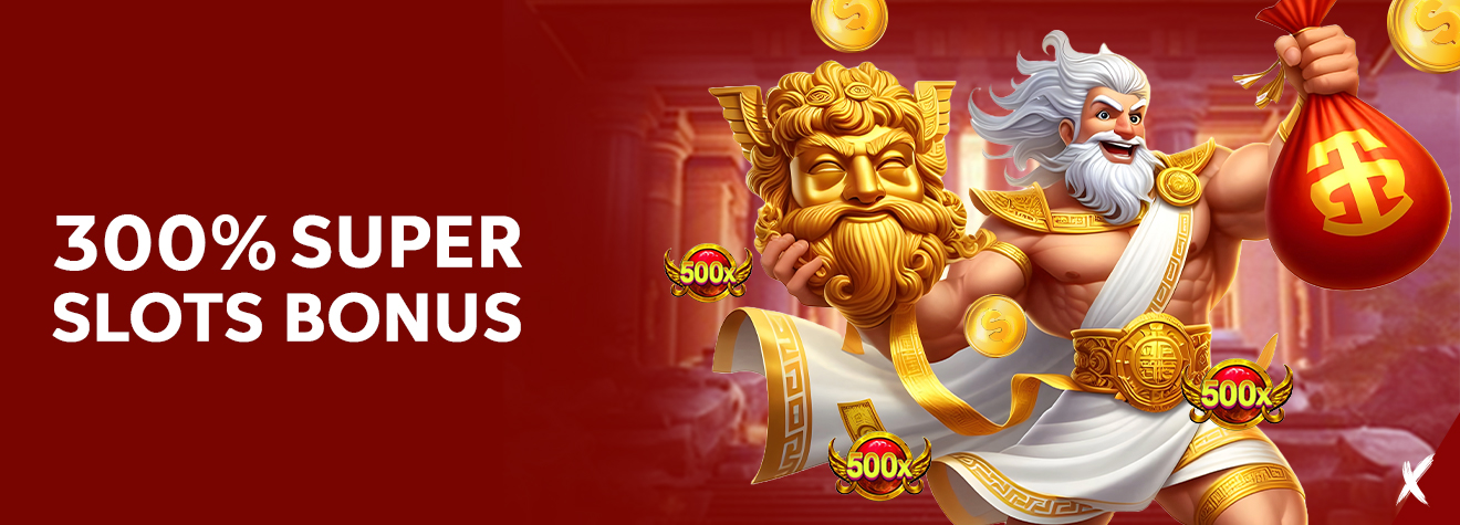 Promotional banner for maXwin's 300% Super Slots Bonus featuring a powerful Greek god-inspired character holding a golden mask and a bag of rewards, highlighting a high-value slot bonus promotion.