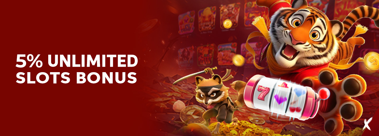 Promotional banner for maXwin's 5% Unlimited Slots Bonus featuring a cheerful tiger mascot, a ninja raccoon character, and a spinning slot machine reel, highlighting unlimited slot rewards.
