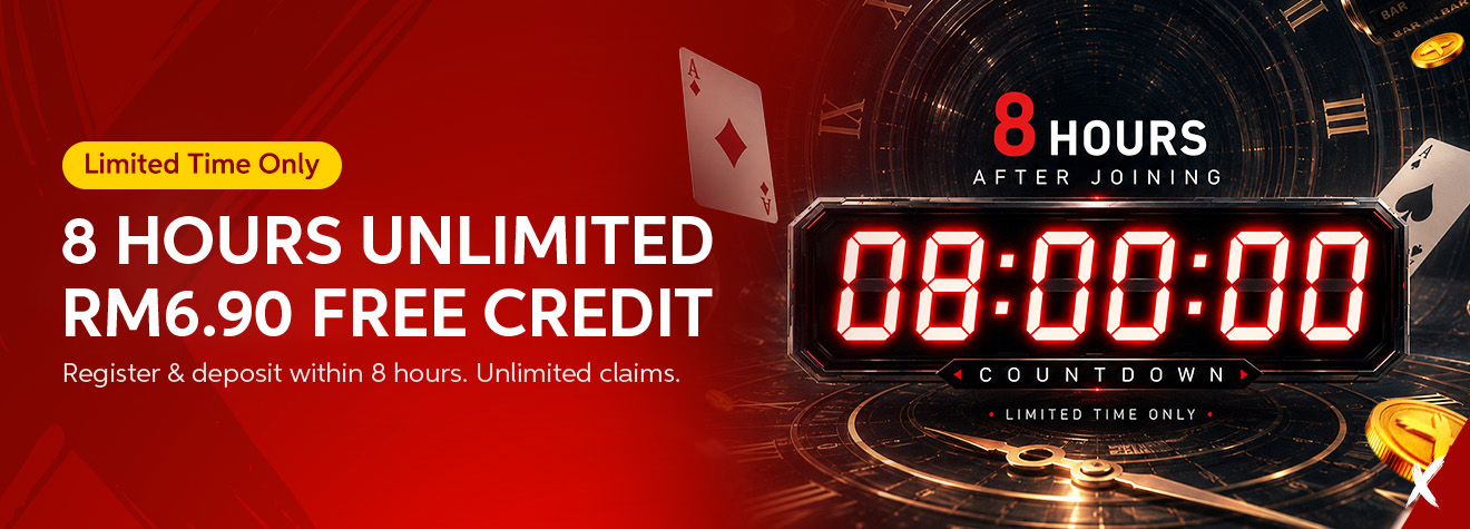 Maxwin 8 Hours Unlimited RM6.90 Free Credit promotional banner featuring a digital countdown timer, playing cards, and casino-themed graphics, encouraging new members to register and deposit within 8 hours.