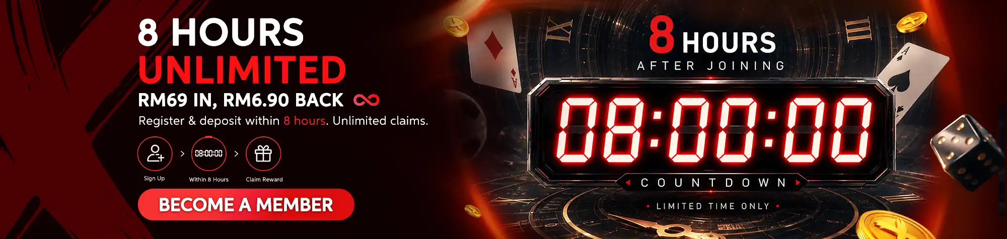 Maxwin 8 Hours Unlimited promotion banner featuring an 8-hour countdown timer, offering RM69 in and RM6.90 cashback with unlimited claims after registering and depositing within eight hours.
