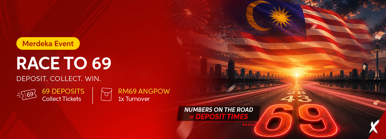 Maxwin Race to 69 Merdeka promotion featuring the Malaysian flag, Kuala Lumpur skyline, and a glowing Route 69 highway, offering rewards for collecting 69 deposits and claiming an RM69 Angpow.