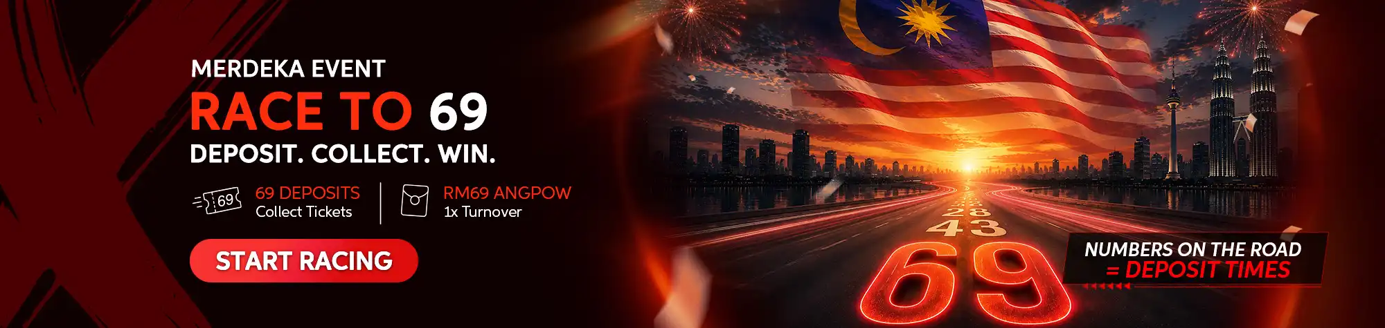 Maxwin Race to 69 Merdeka Event promotional banner featuring the Malaysian flag, Kuala Lumpur skyline, and a glowing highway leading to the number 69, highlighting rewards for collecting 69 deposits and earning an RM69 Angpow.