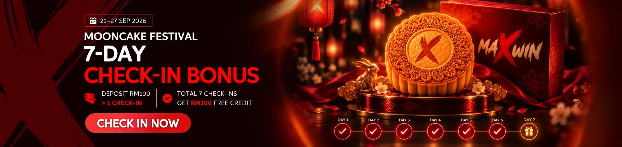 Maxwin Mooncake Festival promotion featuring a seven-day check-in bonus from September 21–27, 2026, with RM100 free credit after seven check-ins.